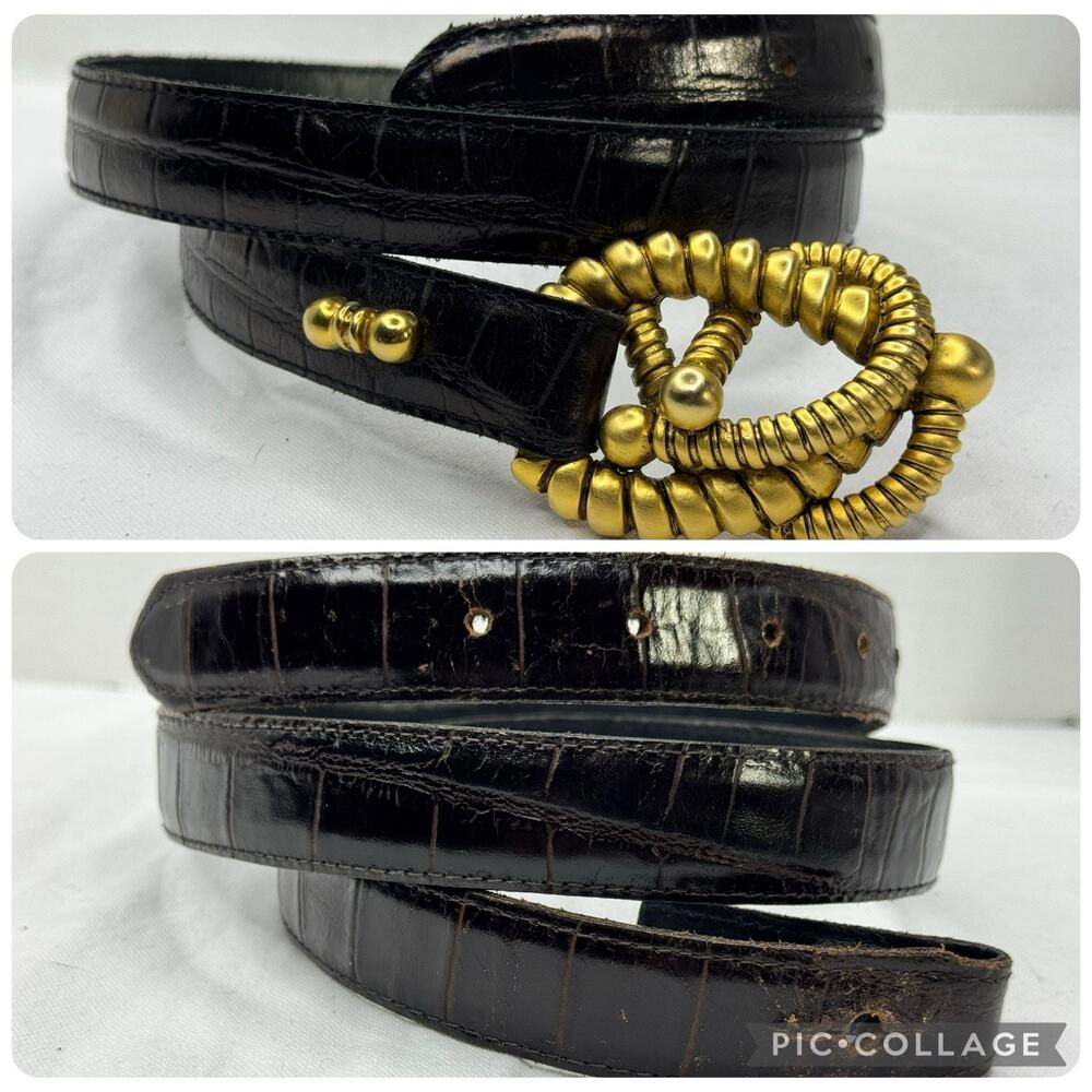FAHRENHEIT NY Connie Bates Belt Abstract Buckle Brown Black Leather Faux Croc